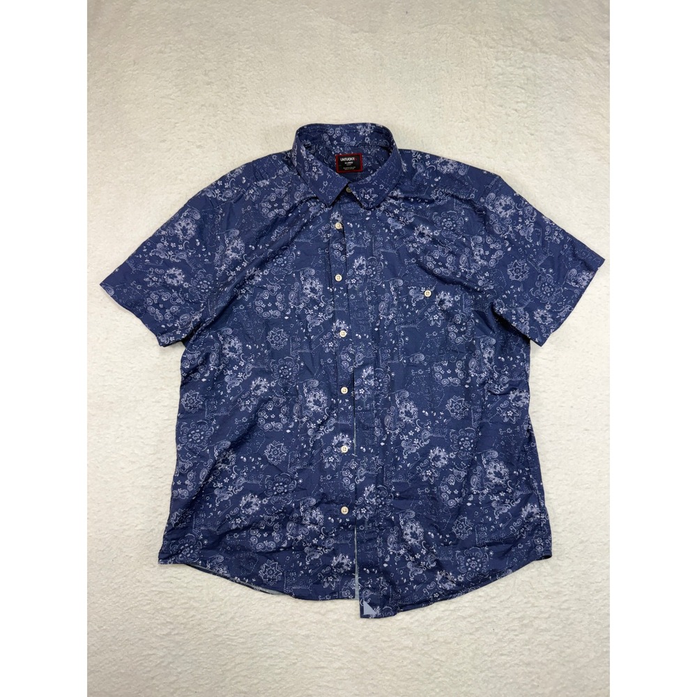 UNTUCKit Mens XL Slim Short Sleeve Paisley Cotton Linen Blue Button Down Shirt
